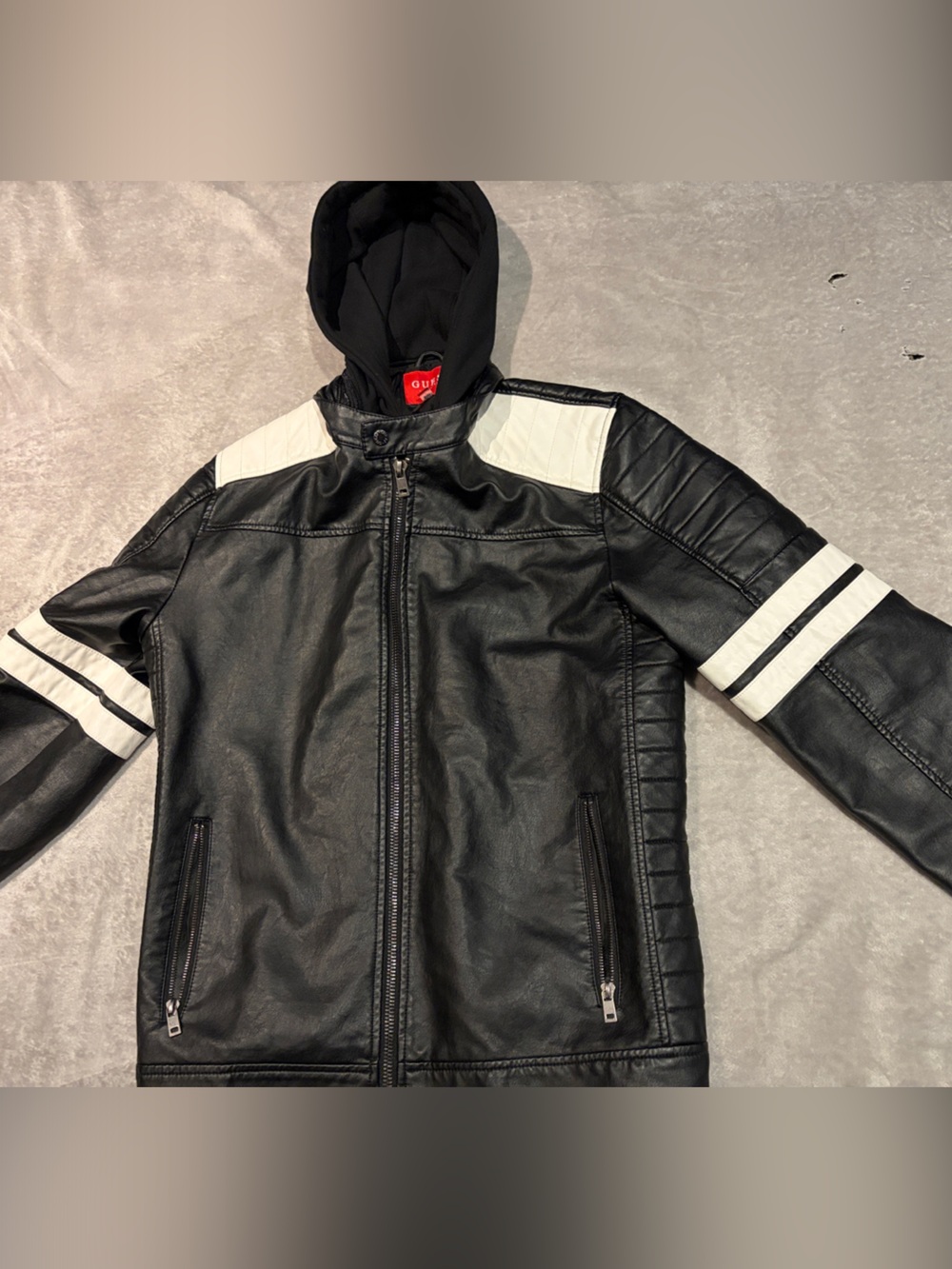 GUESS Los Angeles Black Faux Leather Jacket with Detachable Hood / Liner - XL
